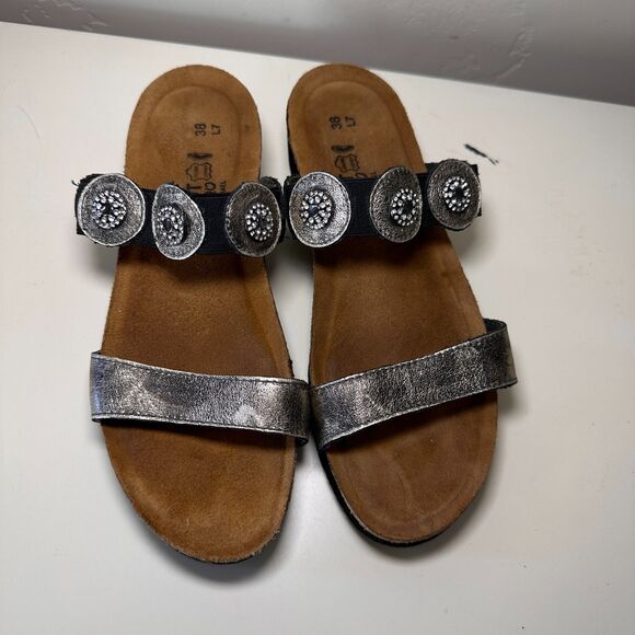 Naot Womens Marissa Sandal Size 38 7 Silver Pewter Leather Low Wedge Slide Shoe - Picture 6 of 11